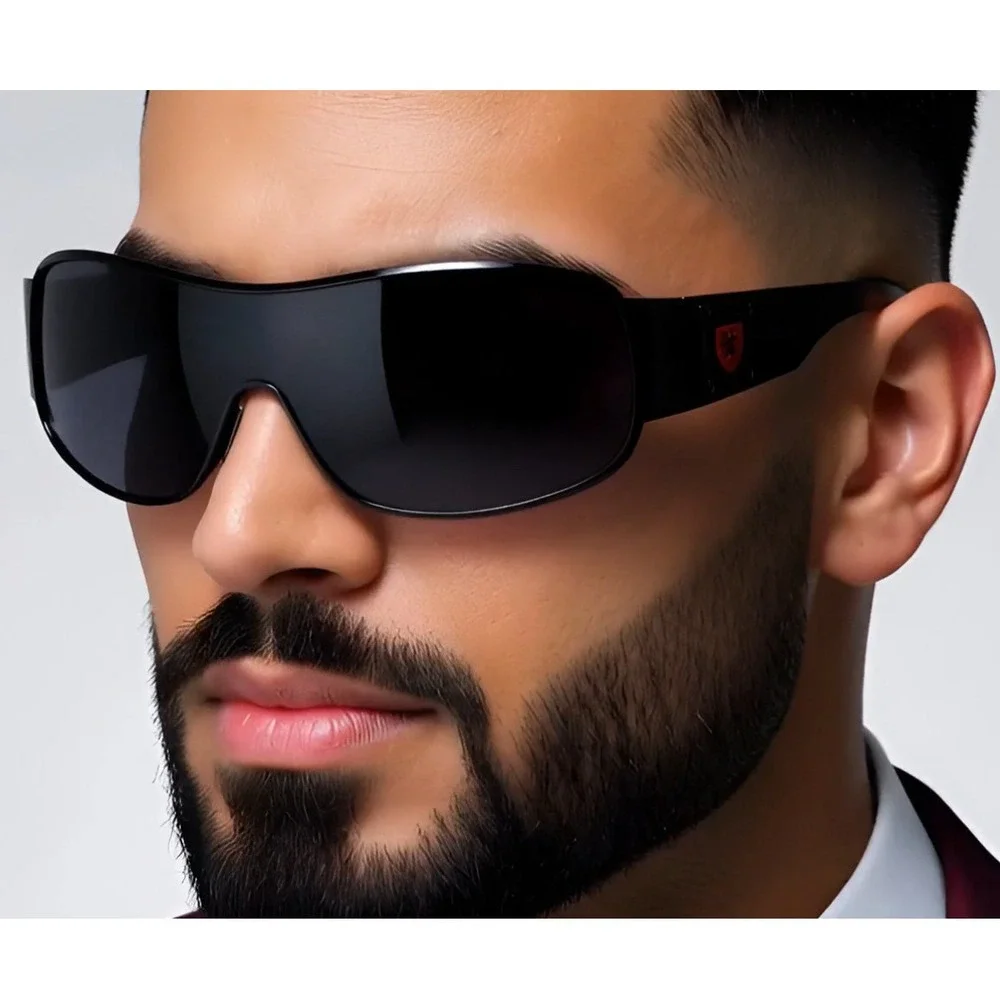 Designer Shield Sunglasses Dark Black Frame Red Sport Wrap‎ Around Shades UV400